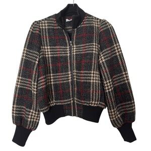 Express x Negin Mirsalehi Black and Red Plaid Wool Blend Small Bomber Jacket